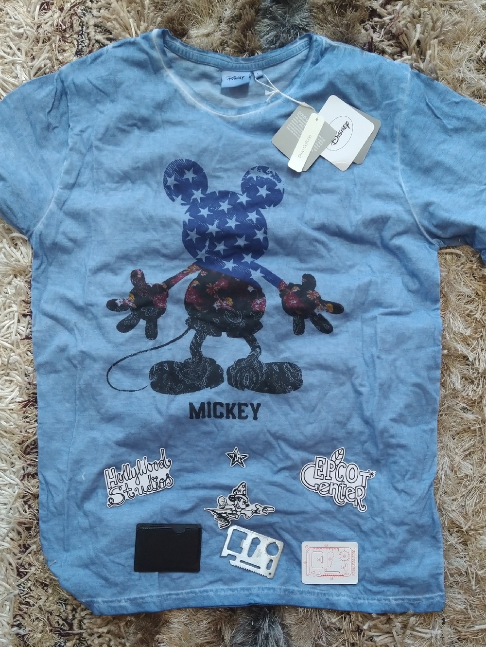 Italian Disney Light Blue Mickey Graphic Tee with All American Star Pattern